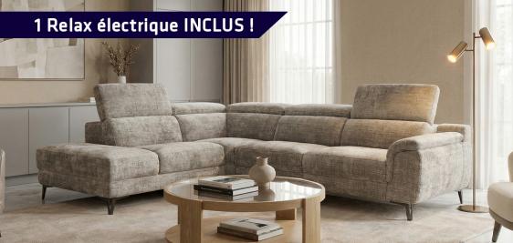 Grand salon d'angle contemporain avec un relax électrique inclus