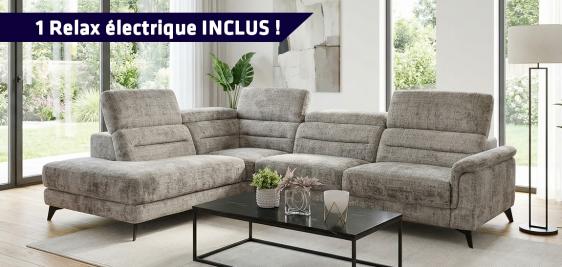 Grand salon d'angle contemporain avec un relax électrique inclus