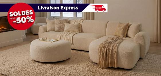 Grand canapé avec chaise longue et pouf