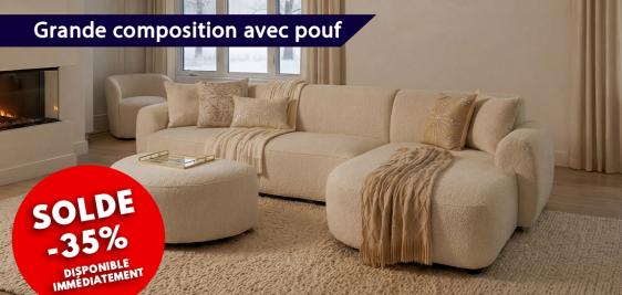 Grand canapé avec chaise longue et pouf