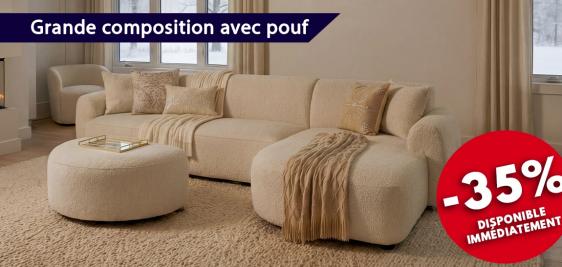 Grand canapé avec chaise longue et pouf