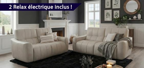 Canapé Design Italien 3 places AVEC DEUX RELAX électriques + Canapé 2 places